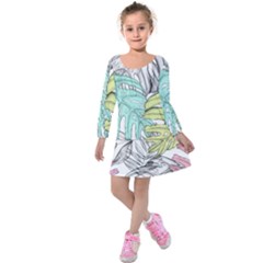 Leaves Tropical Plant Summer Kids  Long Sleeve Velvet Dress by Simbadda