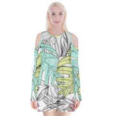 Leaves Tropical Plant Summer Velvet Long Sleeve Shoulder Cutout Dress by Simbadda