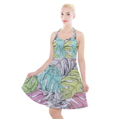 Leaves Tropical Plant Summer Halter Party Swing Dress 