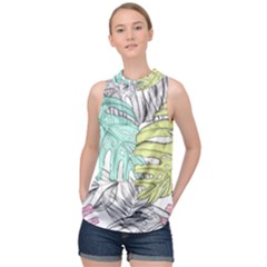 Leaves Tropical Plant Summer High Neck Satin Top by Simbadda