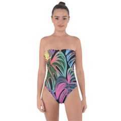 Leaves Tropical Jungle Pattern Tie Back One Piece Swimsuit by Simbadda