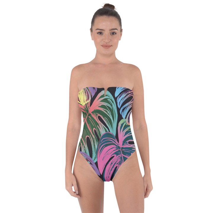 Leaves Tropical Jungle Pattern Tie Back One Piece Swimsuit