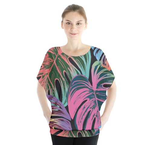 Leaves Tropical Jungle Pattern Batwing Chiffon Blouse by Simbadda