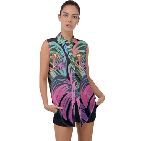 Leaves Tropical Jungle Pattern Sleeveless Chiffon Button Shirt by Simbadda