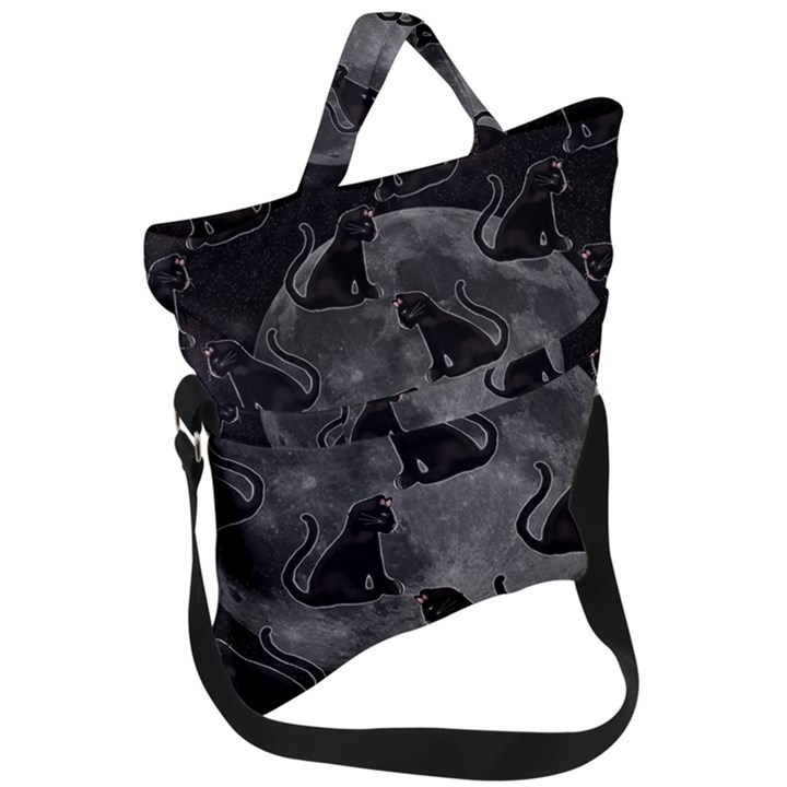 Black Cat Full Moon Fold Over Handle Tote Bag