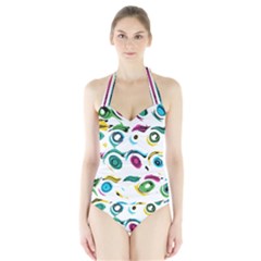 Distorted Circles On A White Background                 Women s Halter One Piece Swimsuit by LalyLauraFLM