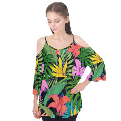 Tropical Leaves                   Flutter Sleeve Tee by LalyLauraFLM