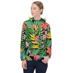 Tropical Leaves                   Women Hooded Front Pocket Windbreaker