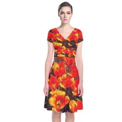 Orange Tulips At The Commons Short Sleeve Front Wrap Dress