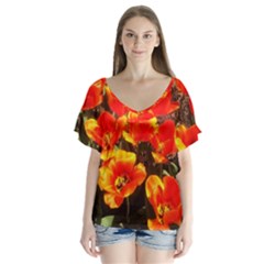 Orange Tulips At The Commons V-neck Flutter Sleeve Top by Riverwoman