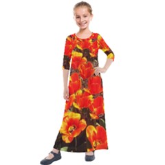 Orange Tulips At The Commons Kids  Quarter Sleeve Maxi Dress by Riverwoman