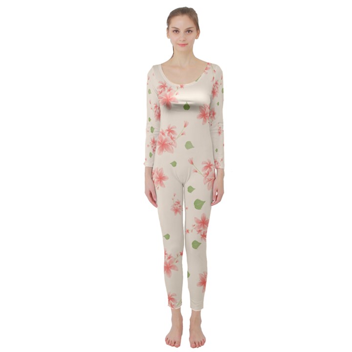 pink flowers pattern spring nature Long Sleeve Catsuit