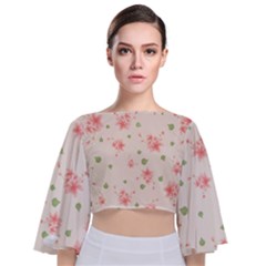 Pink Flowers Pattern Spring Nature Tie Back Butterfly Sleeve Chiffon Top by TeesDeck