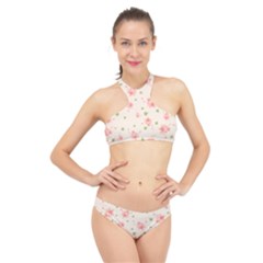 Pink Flowers Pattern Spring Nature High Neck Bikini Set by TeesDeck