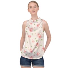 Pink Flowers Pattern Spring Nature High Neck Satin Top by TeesDeck