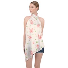 Pink Flowers Pattern Spring Nature Halter Asymmetric Satin Top by TeesDeck