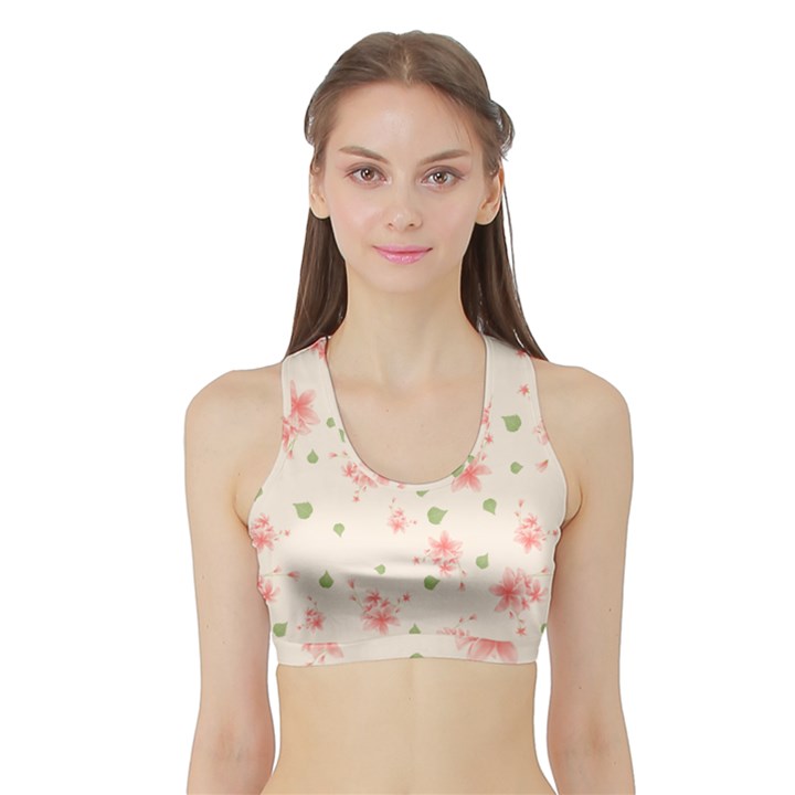 pink flowers pattern spring nature Sports Bra with Border