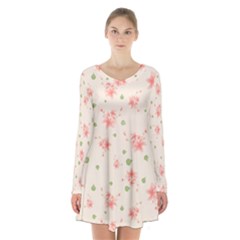 Pink Flowers Pattern Spring Nature Long Sleeve Velvet V-neck Dress by TeesDeck