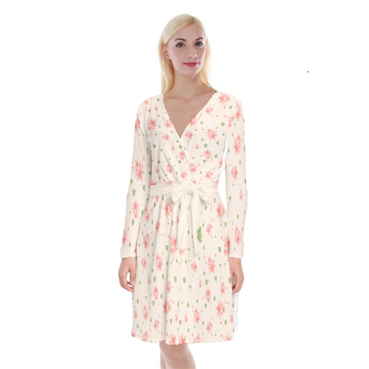 pink flowers pattern spring nature Long Sleeve Velvet Front Wrap Dress