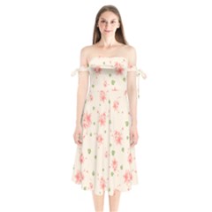 Pink Flowers Pattern Spring Nature Shoulder Tie Bardot Midi Dress by TeesDeck