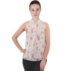 Pink Flowers Pattern Spring Nature Mock Neck Chiffon Sleeveless Top