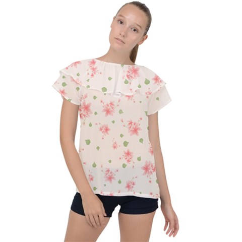 Pink Flowers Pattern Spring Nature Ruffle Collar Chiffon Blouse by TeesDeck