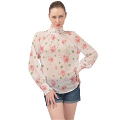 Pink Flowers Pattern Spring Nature High Neck Long Sleeve Chiffon Top by TeesDeck