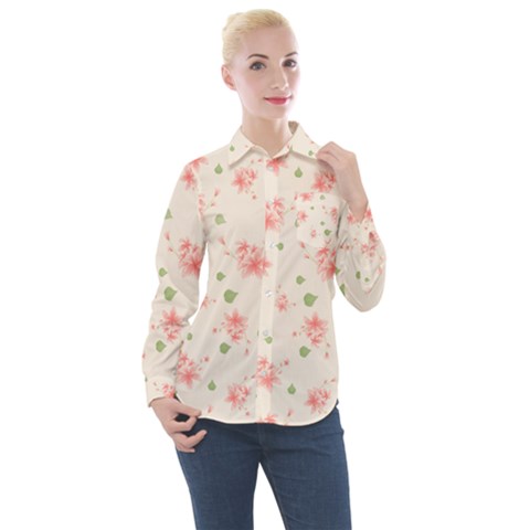 Pink Flowers Pattern Spring Nature Women s Long Sleeve Pocket Shirt by TeesDeck