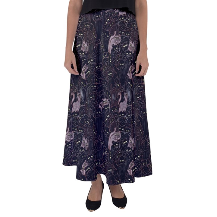 Cats Pattern Flared Maxi Skirt