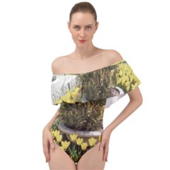 Columbus Commons Yellow Tulips Off Shoulder Velour Bodysuit  by Riverwoman