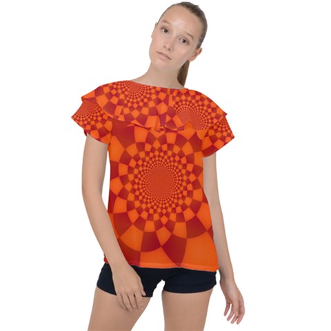 Fractal Artwork Abstract Background Orange Ruffle Collar Chiffon Blouse by Sudhe