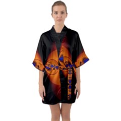 Abstract Artwork Fractal Background Black Orange Quarter Sleeve Kimono Robe