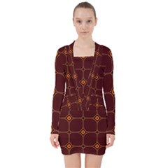 Background Pattern Design Geometric Brown V-neck Bodycon Long Sleeve Dress by Sudhe