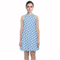 Geometric Blue Shades Diagonal Velvet Halter Neckline Dress  by Bajindul