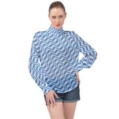 Geometric Blue Shades Diagonal High Neck Long Sleeve Chiffon Top