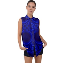 Abstract Background Design Blue Black Sleeveless Chiffon Button Shirt