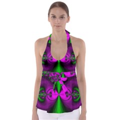 Abstract Artwork Fractal Background Green Purple Babydoll Tankini Top by Sudhe