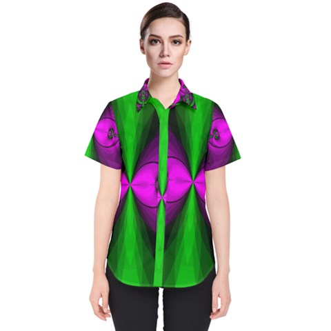 Abstract Artwork Fractal Background Green Purple Women s Short Sleeve Shirt by Sudhe