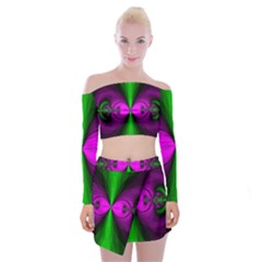 Abstract Artwork Fractal Background Green Purple Off Shoulder Top With Mini Skirt Set by Sudhe