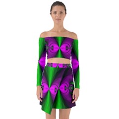 Abstract Artwork Fractal Background Green Purple Off Shoulder Top With Skirt Set by Sudhe