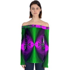 Abstract Artwork Fractal Background Green Purple Off Shoulder Long Sleeve Top by Sudhe