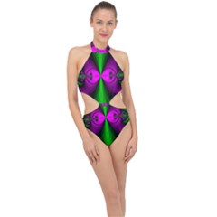 Abstract Artwork Fractal Background Green Purple Halter Side Cut Swimsuit by Sudhe