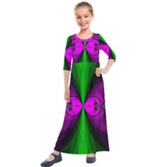 Abstract Artwork Fractal Background Green Purple Kids  Quarter Sleeve Maxi Dress by Sudhe