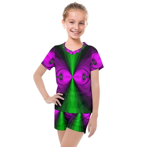 Abstract Artwork Fractal Background Green Purple Kids  Mesh Tee And Shorts Set by Sudhe