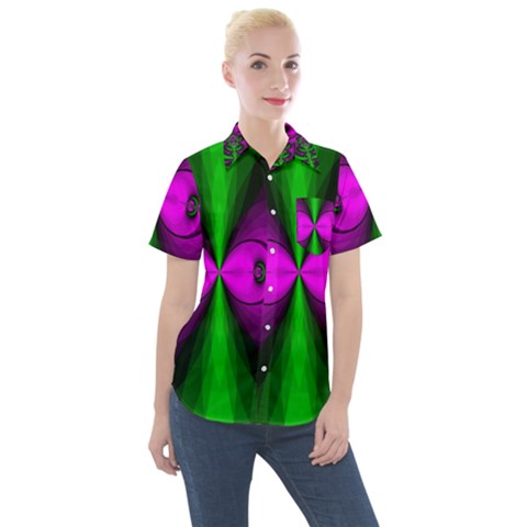 Abstract Artwork Fractal Background Green Purple Women s Short Sleeve Pocket Shirt by Sudhe