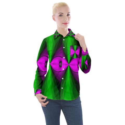 Abstract Artwork Fractal Background Green Purple Women s Long Sleeve Pocket Shirt by Sudhe