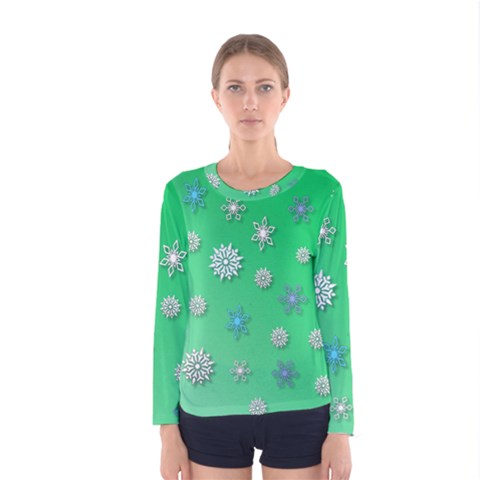 Snowflakes Winter Christmas Green Women s Long Sleeve Tee by HermanTelo