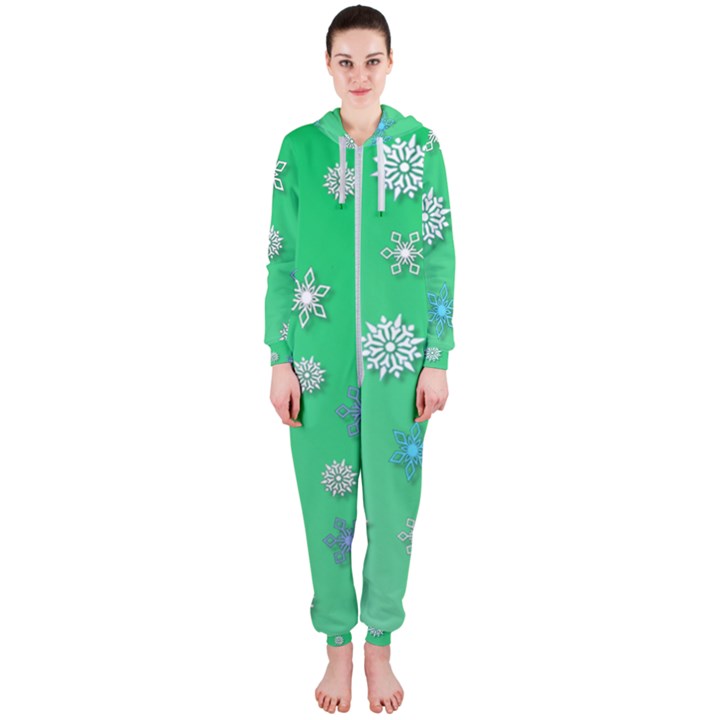 Snowflakes Winter Christmas Green Hooded Jumpsuit (Ladies) 