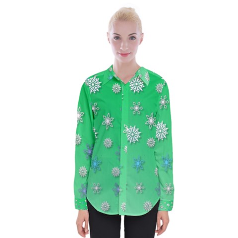 Snowflakes Winter Christmas Green Womens Long Sleeve Shirt by HermanTelo