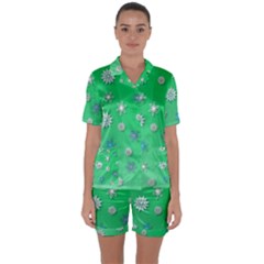 Snowflakes Winter Christmas Green Satin Short Sleeve Pyjamas Set by HermanTelo